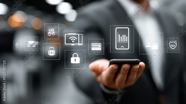 Fototapeta CPS (Cyber-Physical Systems): Businessman touching and interacting with smart devices, real-time monitoring, automation, embedded systems, IoT integration, data processing, and network security.