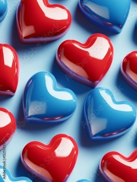 Obraz Red and blue heart candies on a cloth background.
