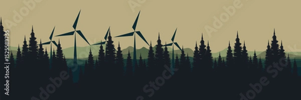 Fototapeta Environmental landscape with silhouetted pine forest and wind turbines, merging nature with technology to showcase sustainable energy solutions in a serene scene