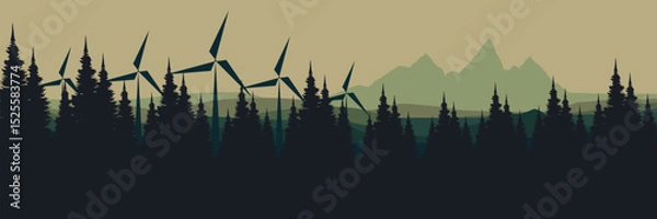 Fototapeta Stylized forest landscape with wind turbines and mountainous backdrop, combining natural elements with renewable energy to promote environmental awareness and sustainable practices
