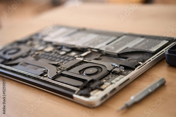 Obraz This is a closeup view of a disassembled laptop along with various repair tools arranged on a wooden table