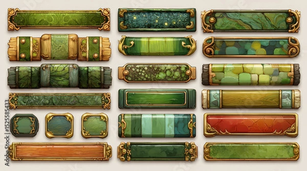 Fototapeta Medieval buttons, ui game menu elements, green oblong banners and gold ornate rims. Empty royal gui bars for rpg or arcade, golden borders, web design interface Cartoon 3d vector illustration, set