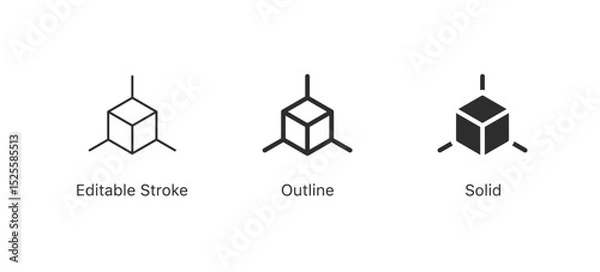 Fototapeta Set of cube icons representing 3D geometry, structure, architecture, technology, or design projects. Ideal for tech, data, modeling. in editable stroke, outline, and solid styles
