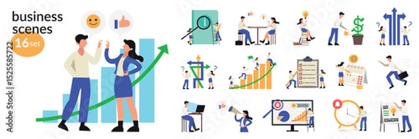 Fototapeta A vector set of 16 business illustrations featuring various professionals in the fields of work, collaboration, planning, and productivity. Flat, minimalistic style