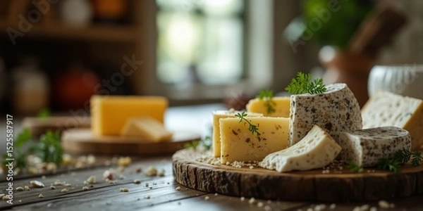 Obraz Rustic Cheese Selection on Wooden Board