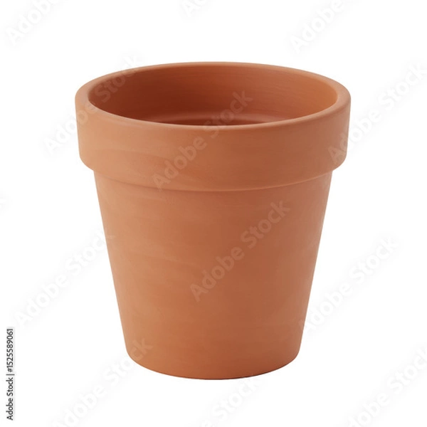 Fototapeta Empty, classic terracotta planter pot, traditional and cylindrical with a smooth rim, in natural reddish-brown on a seamless white studio background with even, diffuse lighting, sharp focus, no