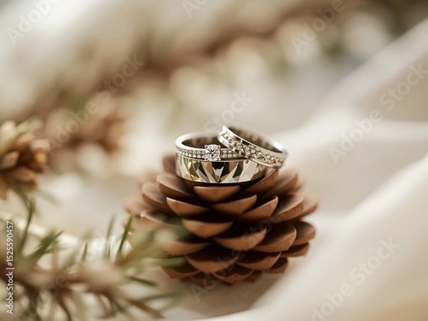 Obraz Rustic Wedding Bands and Pine Cones