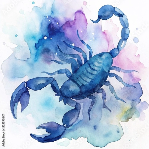 Fototapeta Watercolor illustration of a powerful scorpion representing the Scorpio zodiac sign in vibrant blue tones
