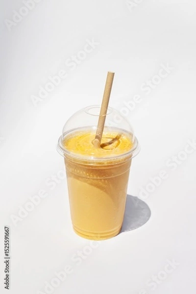 Obraz Plastic glass of creamy lucuma smoothie with a paper straw on white background. Healthy drink. Take away food.