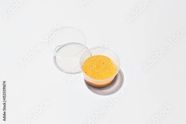 Obraz creamy orange Peruvian sauce in plastic little jar - crema de rocoto - on white background. Take away fast food condiment. 
