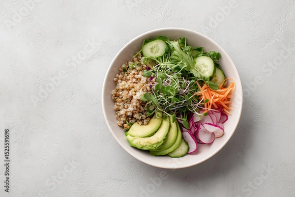 Fototapeta clean eating bowl featuring buckwheat fresh avocado and colorful vegetables on ultrabright clean background