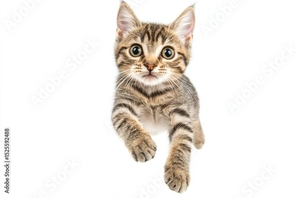 Obraz Cute tabby kitten jumping isolated on white background