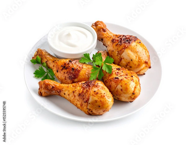 Obraz Grilled chicken drumsticks served on a white plate with dipping sauce