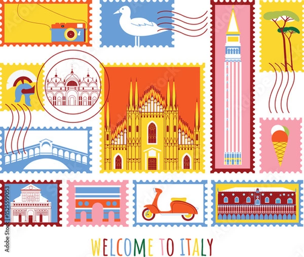 Obraz Welcome to Italy branding technology concept. Collection of flat vector web icons. Post stamp culture travel set, famous architectures, specialties detailed silhouette. Italian famous landmark
