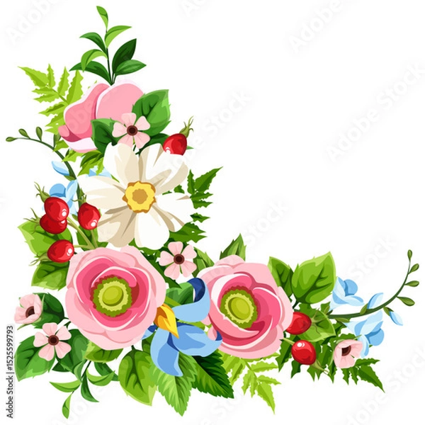 Obraz Wild flowers corner border. Pink, white, and blue flowers and green leaves. Floral corner design element isolated on a white background. Vector illustration