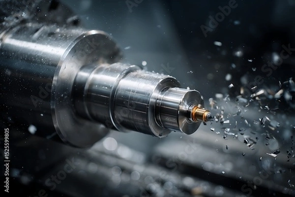 Fototapeta Close up of a metal lathe in operation with metal shavings flying off the workpiece during the machining process