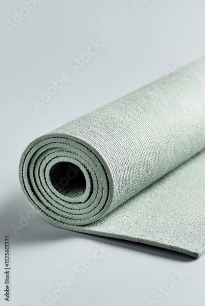 Fototapeta aesthetic composition of neatly folded pilates mat in soft mint green color centered against clean light gray