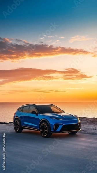Fototapeta A blue suv parked near the ocean with a vibrant sunset and cloudy sky in the background at dusk hour