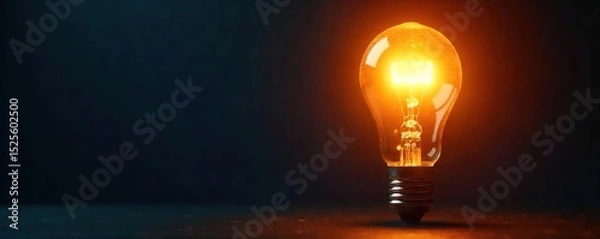 Obraz A bright incandescent light bulb illuminates the darkness, casting a dramatic glow Perfect for concepts of inspiration, ideas, innovation, and sudden realization , solution, sudden, knowledge
