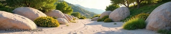 Obraz A serene landscape featuring a variety of sizes and colors of natural rock formations, creating a beautiful and textured scene Ideal for landscaping, garden, and nature projects , beige, nature