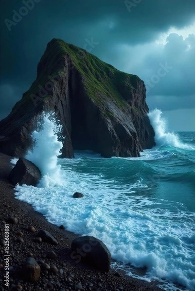 Obraz Dramatic coastal scene featuring a rugged rock formation battered by a fierce storm, waves crashing against it The sky is dark and ominous, adding to the intensity of the scene , spray, coast