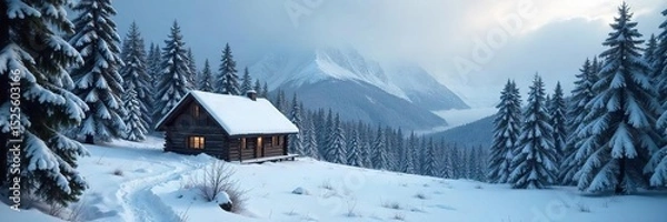 Obraz A solitary cabin nestled deep within a snow-covered forest, completely isolated from civilization; untouched wilderness, serene winter landscape , hill, rural