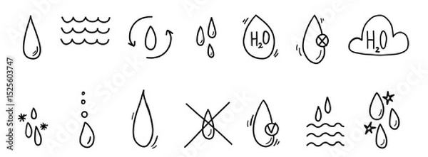 Fototapeta Water icons hand drawn set in doodle scribble style. Pure aqua resistant ecology drops. Clear Simple liquid minimalistic collection.