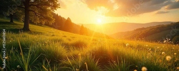 Obraz Serene landscape bathed in golden sunlight, conveying a sense of divine peace and spiritual connection with nature Perfect for themes of faith, hope, and tranquility , beauty, trees