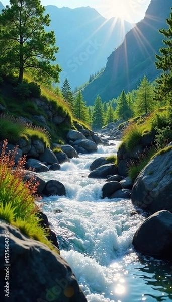 Obraz Crystal clear glacial meltwater flows down a rocky mountain stream in springtime, reflecting the bright sun The vibrant green of new growth frames the rushing water , ecology, stones, landscape