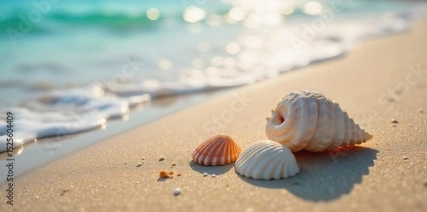 Obraz Close-up of seashells on a sandy beach, gentle waves lapping the shore, creating a peaceful and tranquil soundscape ideal for relaxation and mindfulness , maritime, sea, seashore