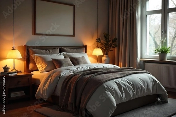 Obraz A cozy bedroom scene, soft lighting, inviting bed with pillows and blankets, bedside table with a lamp and book, ready for a restful night's sleep , book, decor, serene
