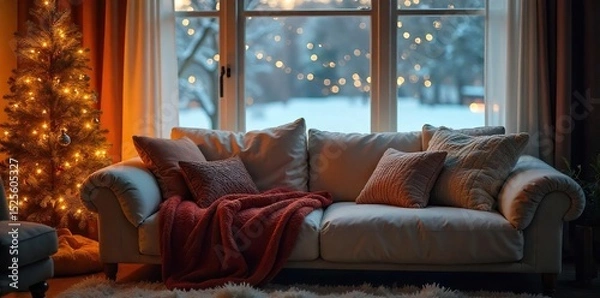 Obraz Cozy winter scene featuring a plush couch, warm blankets, and soft lighting, perfect for a relaxing evening Ideal for home, comfort, and seasonal themes , furniture, throw, knit