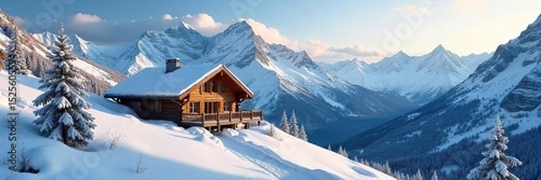 Obraz Cozy chalet nestled amidst snow-capped peaks, perfect for a mountain climbing adventure Imagine the stunning views from this idyllic retreat after a rewarding climb , scenery, vacation
