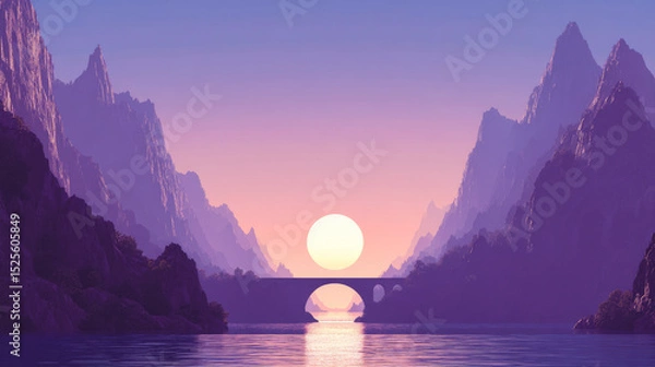 Obraz Stone bridge connecting mountains with setting sun in background and purple haze in fantasy landscape