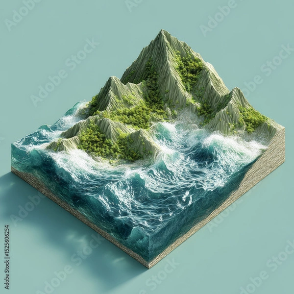 Obraz 3D cross section of island with mountains surrounded by ocean waves