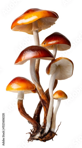 Obraz Cluster of psilocybin mushrooms with orange caps and white stems, isolated on transparent background