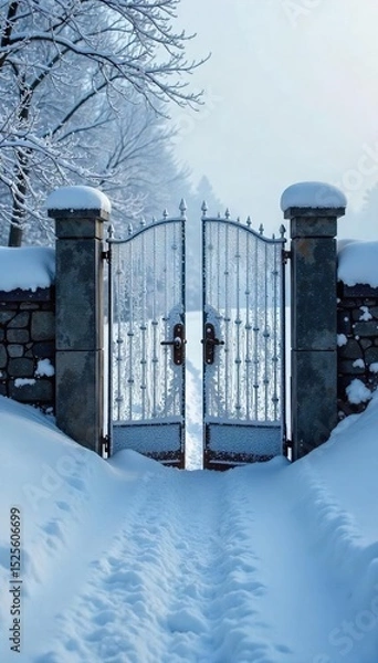 Obraz Frozen gates, frosted with winter's icy breath, stand silent against a backdrop of snow-covered landscape The scene evokes a sense of serene winter stillness and quiet solitude , frost, tranquil