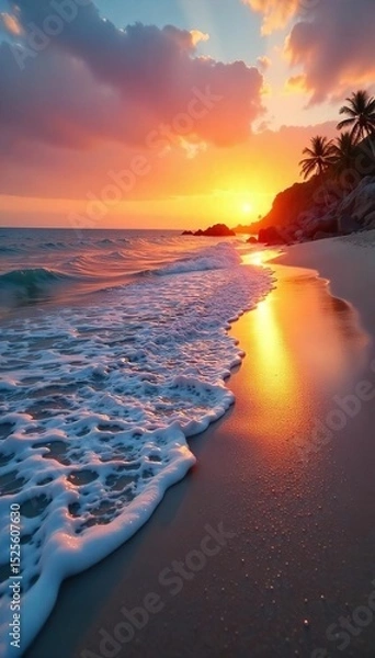 Obraz A serene beach scene at sunset, with gentle waves lapping the shore and a tranquil atmosphere Perfect for relaxation and happiness themes , peace, beautiful