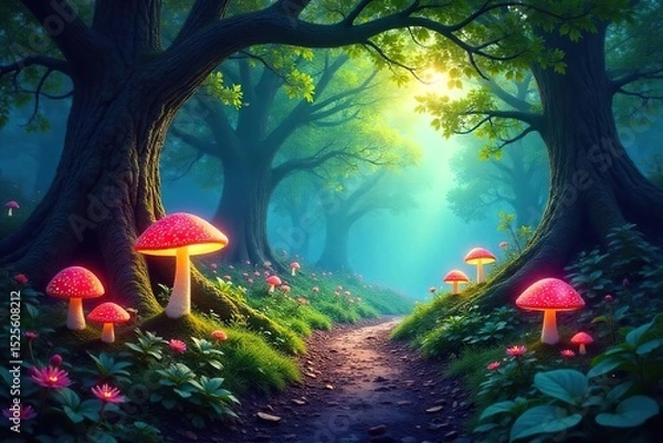 Obraz Enchanted woodland path winding through luminous flora and glowing fungi under a canopy of ancient trees, dappled sunlight filtering through leaves , enchanted, calm, sprite