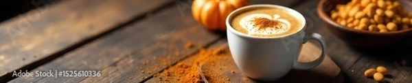 Obraz A steaming mug of pumpkin spice latte art sits beside a bowl of pumpkin seeds and a sprinkle of cinnamon, all on a rustic wooden table , creamy, coffee, pumpkin