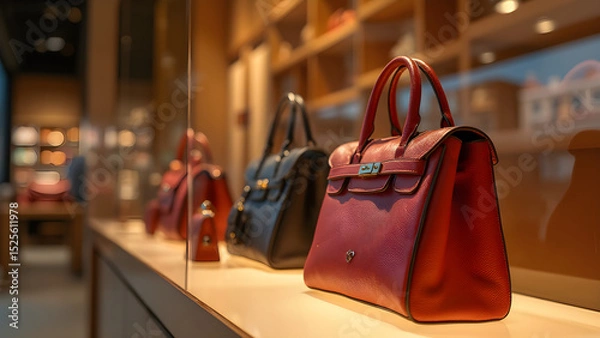Obraz Luxury handbag display. Handbags catching the light. Ultra-realistic luxury store showcase. Designer handbags on display.