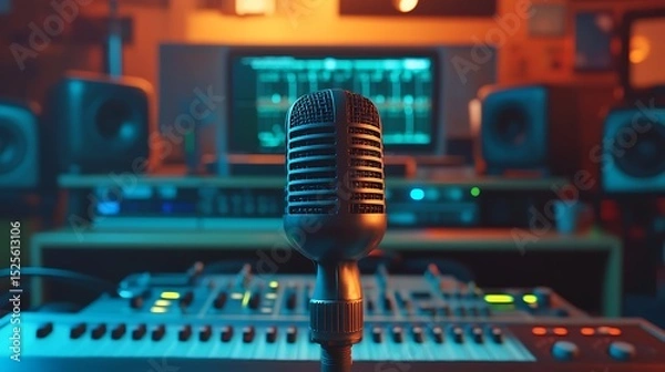 Fototapeta A microphone in a recording studio with a keyboard and speakers in the background in blue and orange light