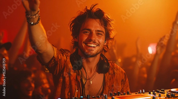 Fototapeta Hyper-realistic 3D render of DJ raising one hand in the air, crowd hype pose, detailed equipment, white background