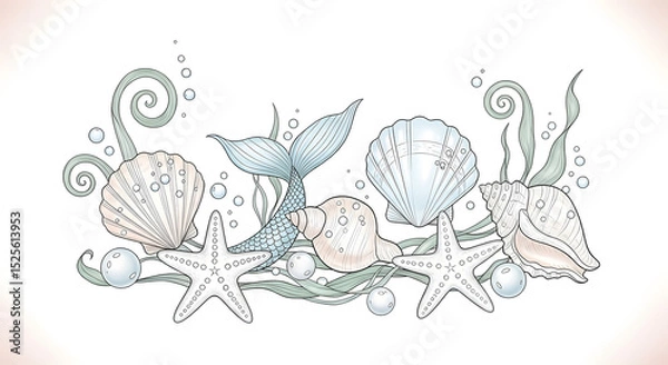 Fototapeta Romantic line art illustrations of enchanted seaside treasures. Hand-drawn seashells, starfish, pearls, and delicate seaweed swirls adorned with tiny mermaid scales and bubbles