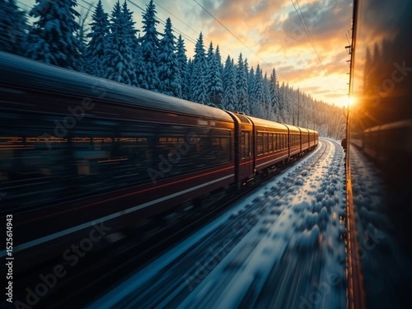 Fototapeta Winter Train Journey Through Forest at Dawn