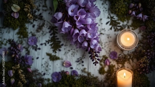 Fototapeta Wisteria and Moss: A Cool Hues Flat Lay