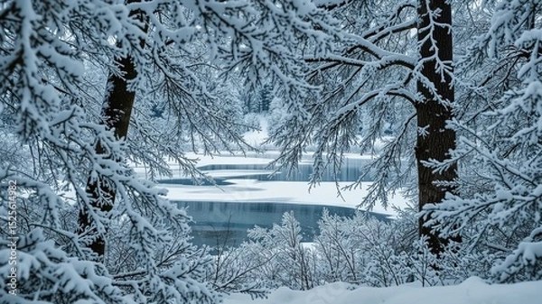 Fototapeta Winter Wonderland: Snowy Trees Encircle Frozen Pond
