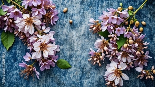 Fototapeta Wisteria Floral Flat Lay on Denim, Dawn Light