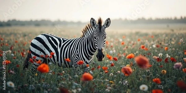 Fototapeta Zebra and Poppies, a Majestic Encounter