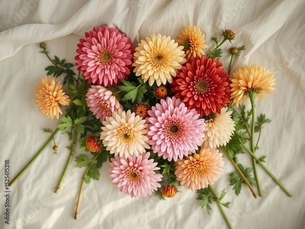 Fototapeta Zinnia Flat Lay on Fabric - Natural Hues and Soft Textures